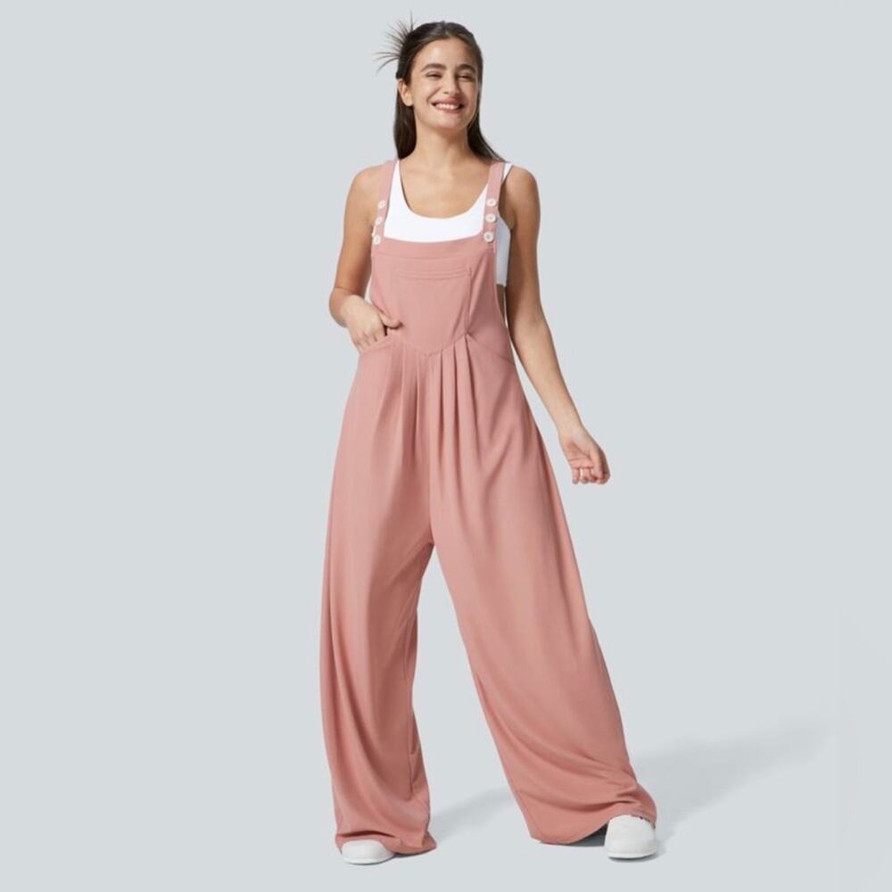 Halara Adjustable Strap Button Multi pockets Waffle Casual Overalls - Rose Tan